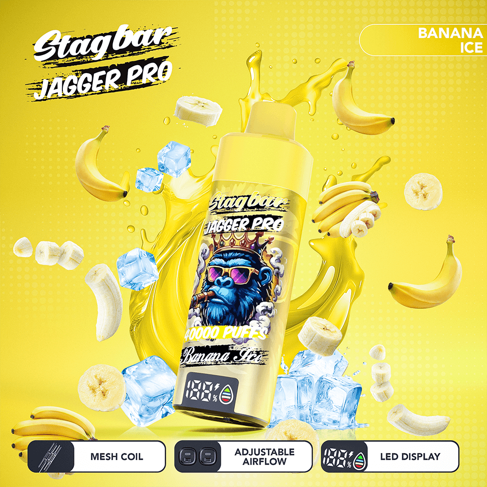 Stagbar Jagger Pro Banana Ice vape bottle with crowned blue monkey, surrounded by bananas and ice.