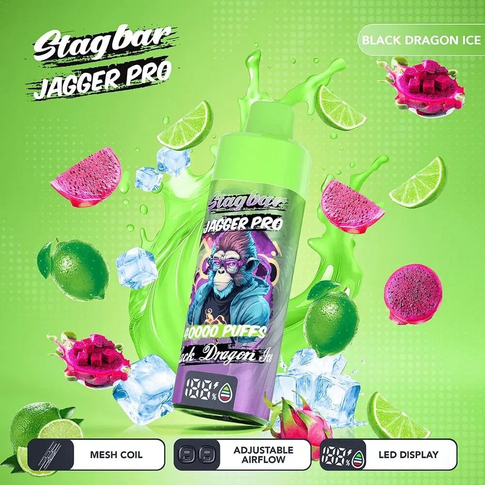 Neon green Stag Bar Jagger Pro disposable vape bottle featuring a blue monkey on the label, with lime wedges and ice around it for Black Dragon Ice flavor.
