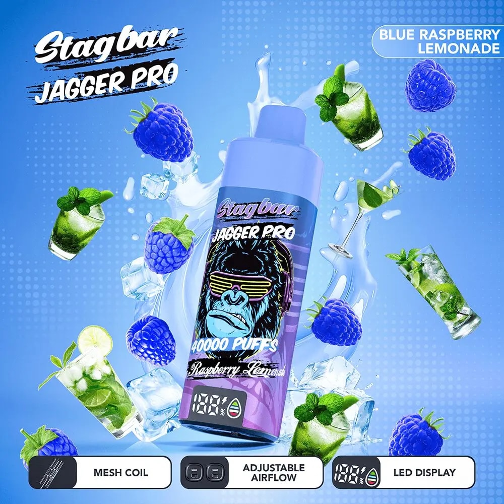 Stagbar Jagger Pro vape bottle in blue-purple gradient with a gorilla wearing sunglasses, Blue Raspberry Lemonade flavor.