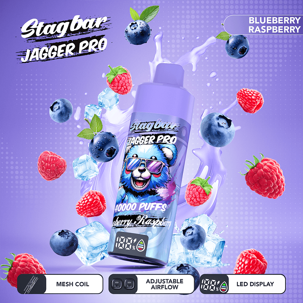 Purple Stagbar Jagger Pro vape bottle with panda graphic, surrounded by blueberries, raspberries and ice, Blueberry Raspberry.
