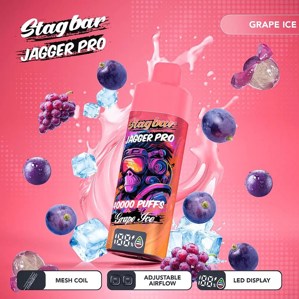 Pink vape device with Stagbar Jagger Pro branding, surrounded by grapes, blueberries and ice, advertising 40000 puffs Grape Ice.