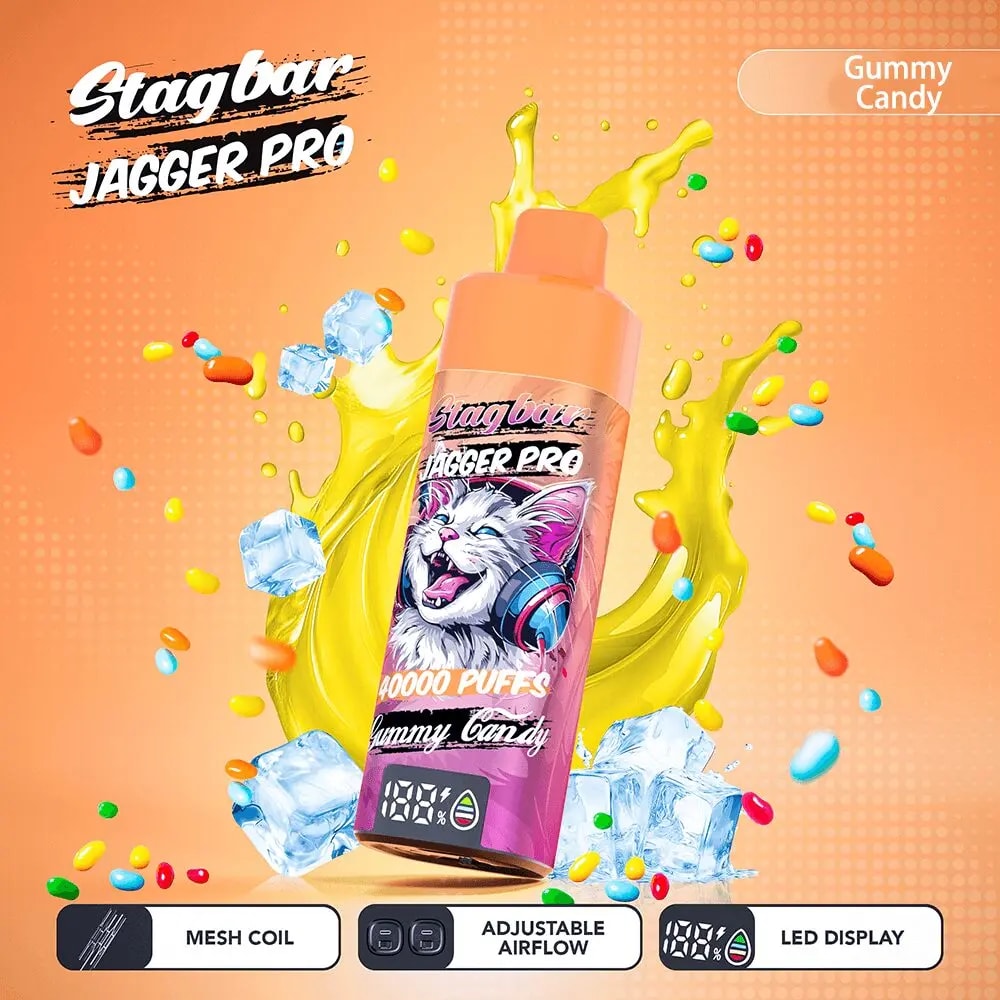 Pink Stagbar Jagger Pro gummy candy vape juice bottle with a snarling cat in headphones, set against an orange splashy background with ice and candy.
