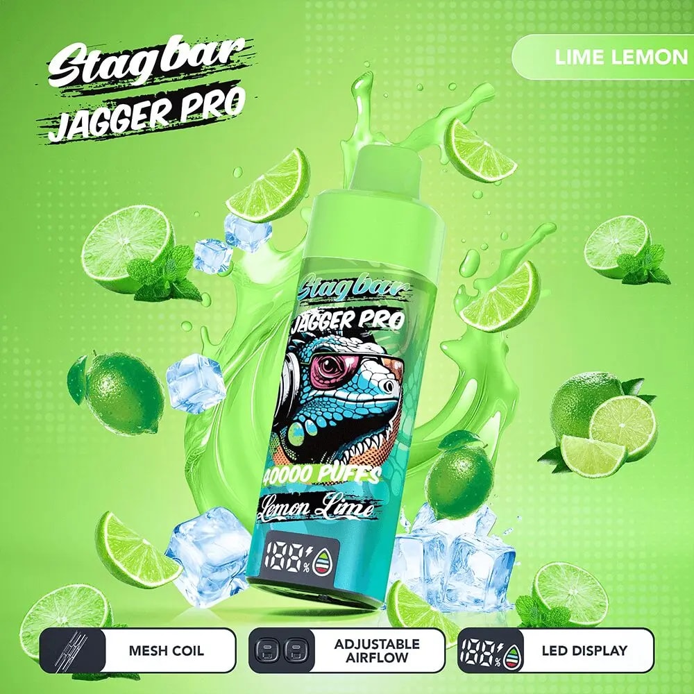 Bright green vape bottle with lime cap and blue lizard label, surrounded by lime wedges, mint and ice.