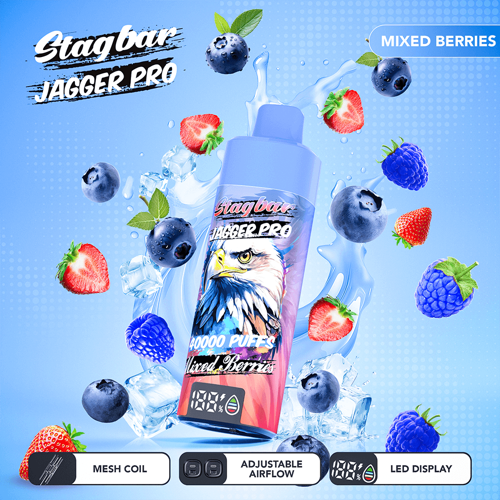 Blue Stagbar Jagger Pro vape bottle with an eagle emblem amid mixed berries and ice on a blue gradient background.