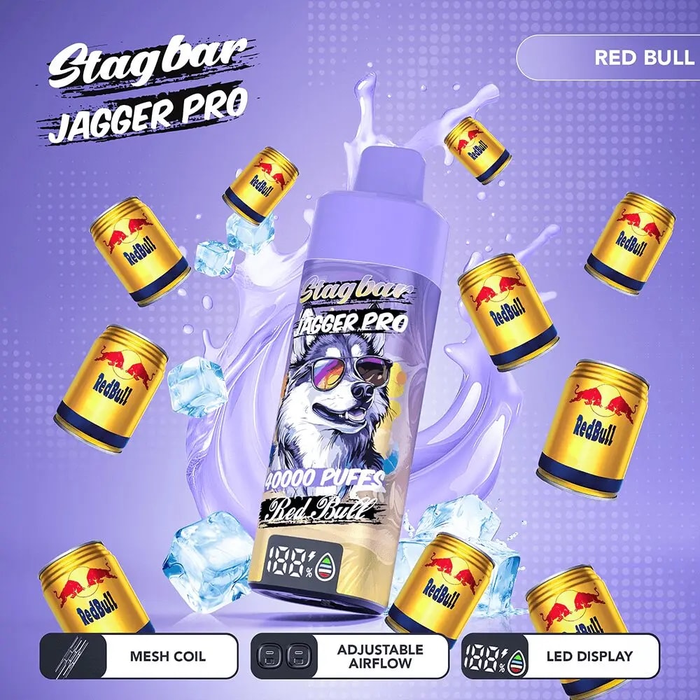Purple Stagbar Jagger Pro vape mod with a sunglasses-wearing dog graphic, surrounded by Red Bull cans and ice on a purple background.
