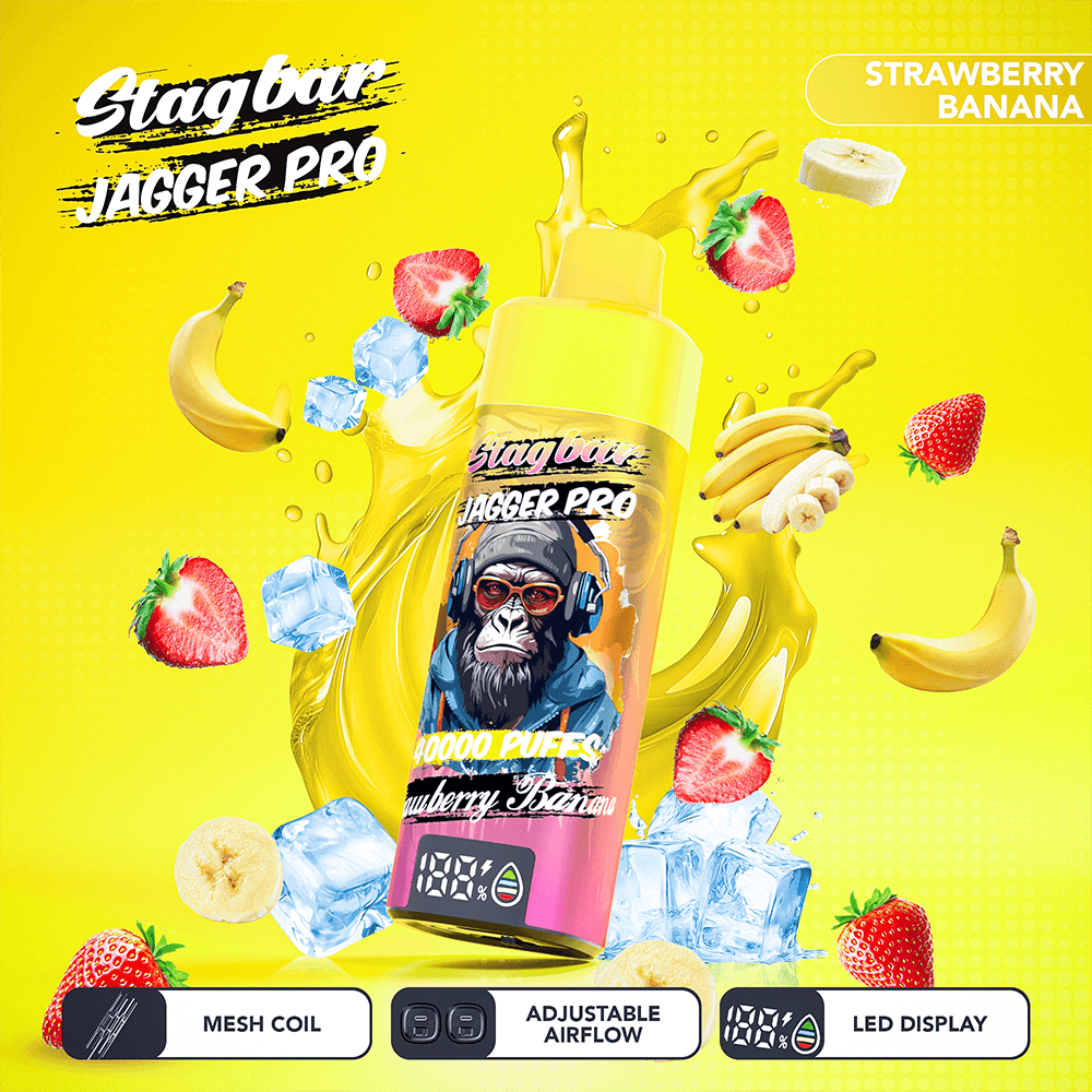 Stagbar Jagger Pro vape bottle with yellow cap, strawberry banana, featuring Mesh Coil, Adjustable Airflow, LED Display.