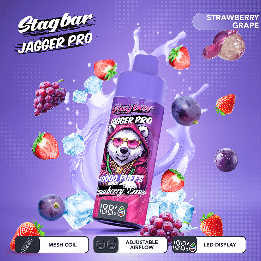 Purple Stagbar Jagger Pro e-liquid bottle with strawberry grape flavor, surrounded by strawberries, grapes, ice cubes, and a purple splashy background.