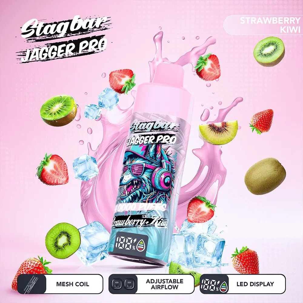 The Stagbar Jagger Pro vape bottle with a pink cap shows Strawberry Kiwi flavor, surrounded by strawberries, kiwis and ice.