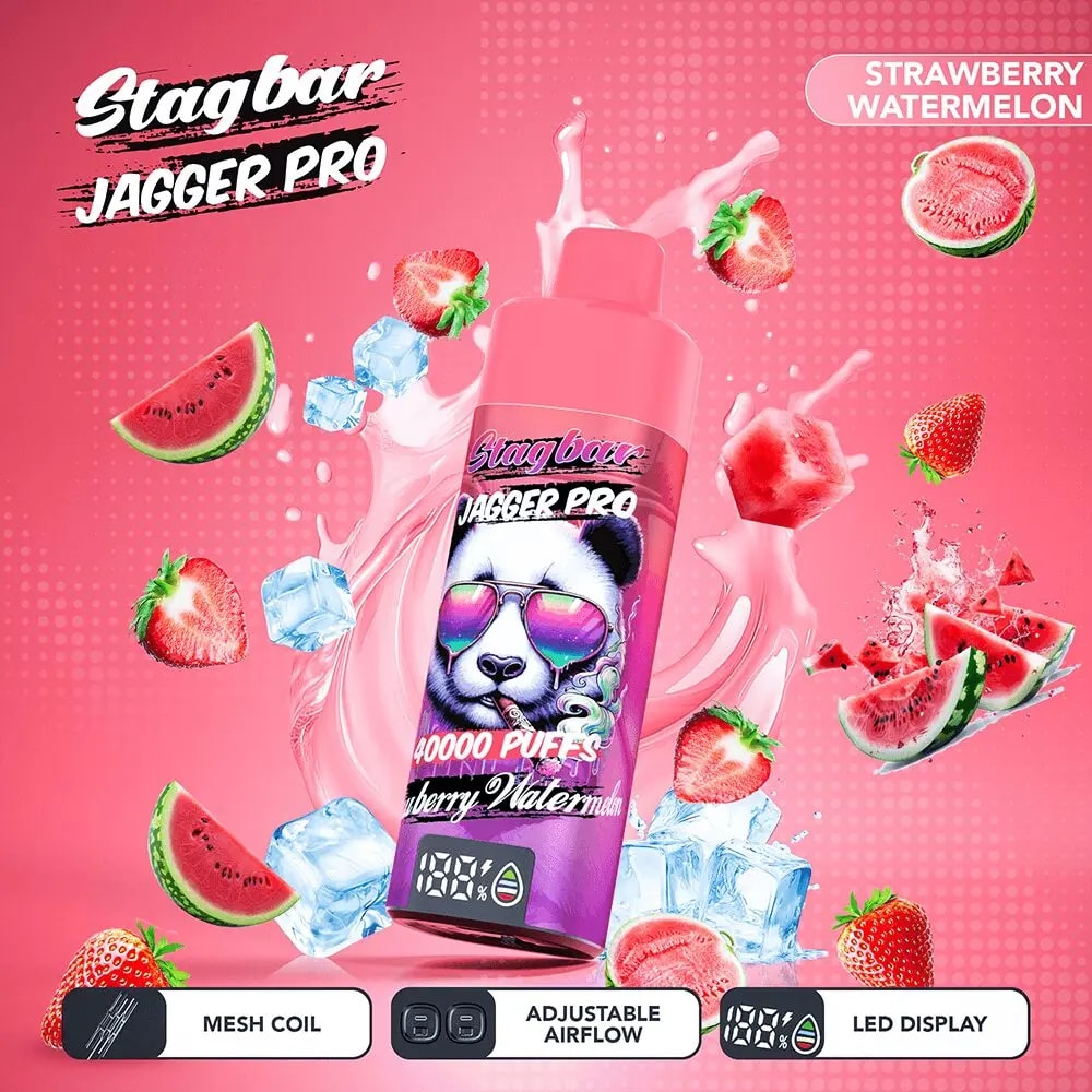 Pink vape bottle with a panda wearing sunglasses and Stagbar Jagger Pro, strawberry watermelon flavor, amid ice and fruit.