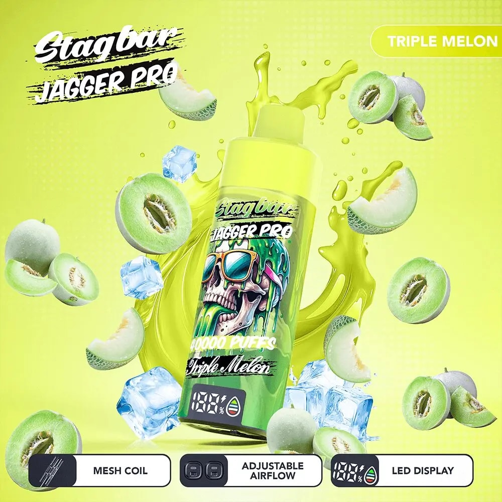 Bright yellow-green Stagbar Jagger Pro vape bottle with skull logo, Triple Melon flavor, amid melon and kiwi slices.