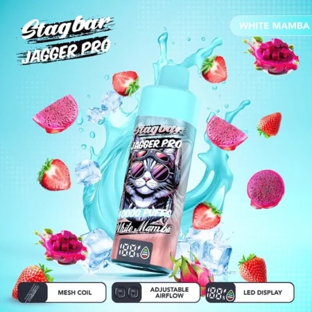 Bright Stagbar Jagger Pro vape ad with a cat wearing sunglasses on a blue bottle, surrounded by ice and fruit splashes.