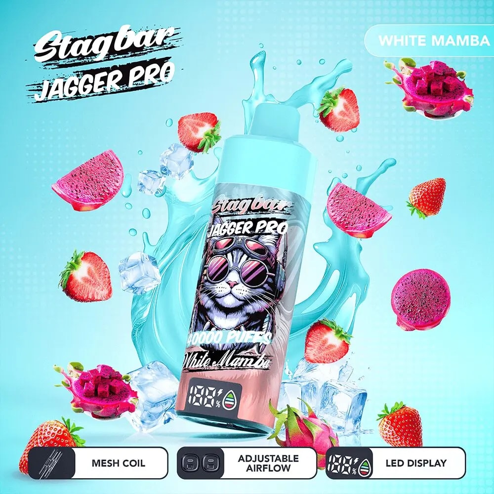 Bright Stagbar Jagger Pro vape ad with a cat wearing sunglasses on a blue bottle, surrounded by ice and fruit splashes.