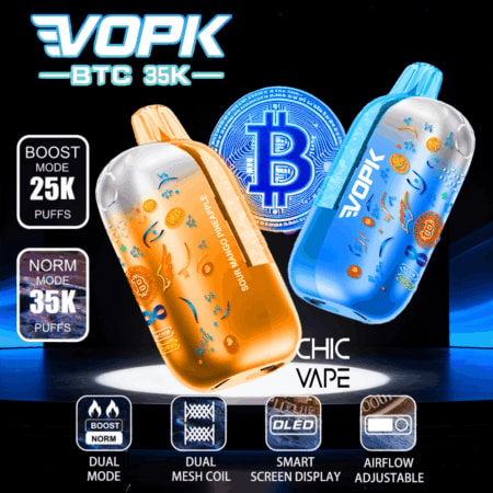 VOPK Chic Vape med orange och blå flaskor, Bitcoin-bakgrund, som visar Boost/Norm-puff-lägen och OLED-skärm.