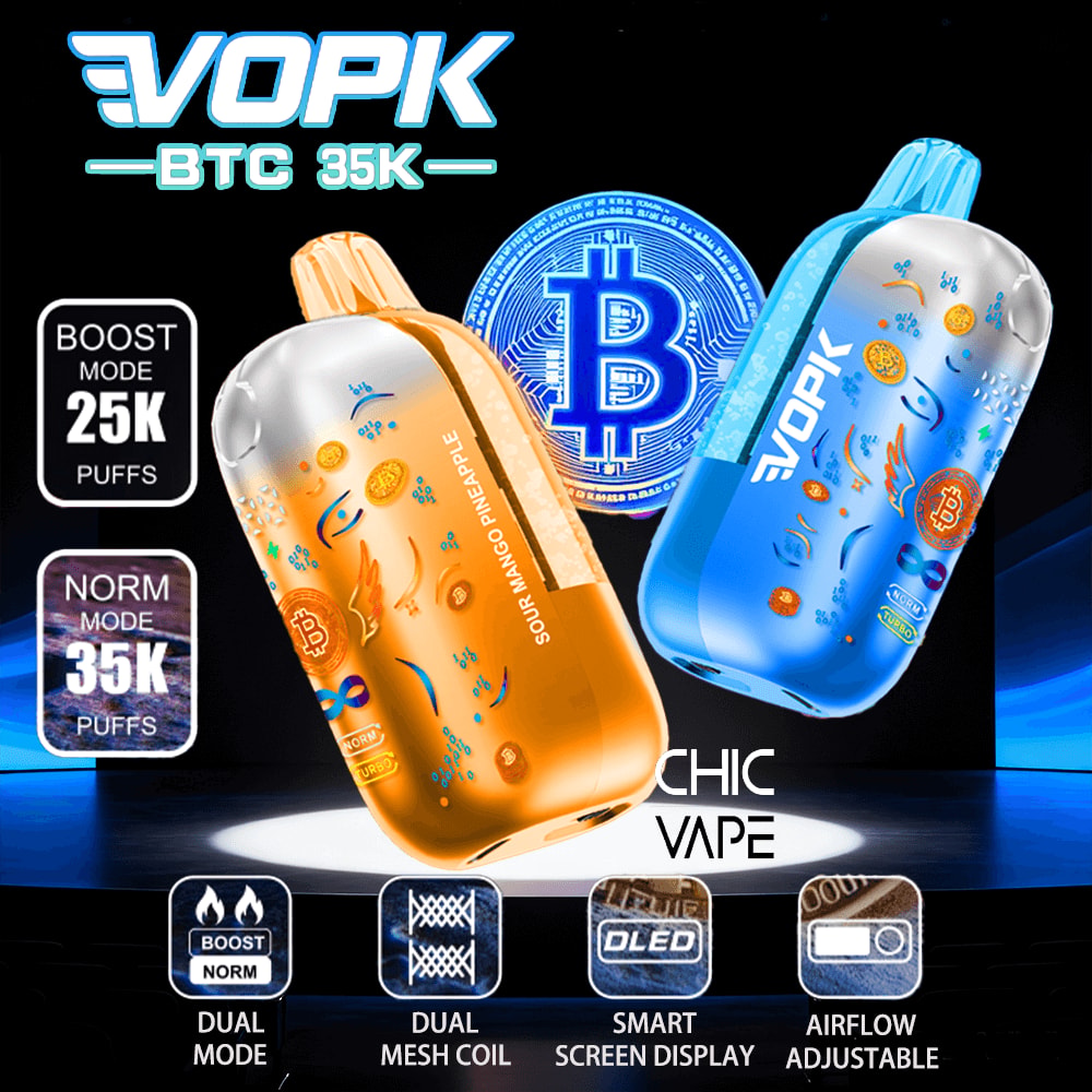 VOPK Chic Vape med orange och blå flaskor, Bitcoin-bakgrund, som visar Boost/Norm-puff-lägen och OLED-skärm.