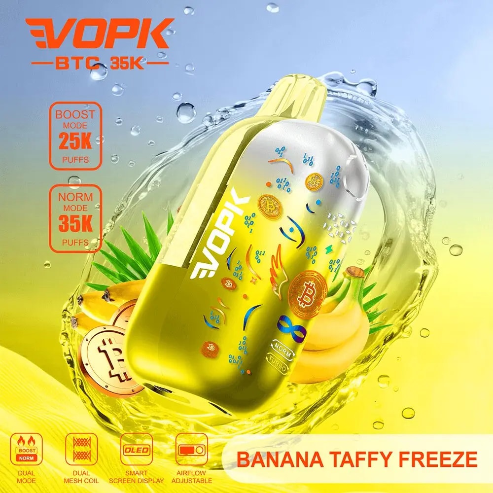 EVOPK BTC 35K engångsvape i en ljusgul banansmak, visad med stänkeffekter och Banana Taffy Freeze-etikett.