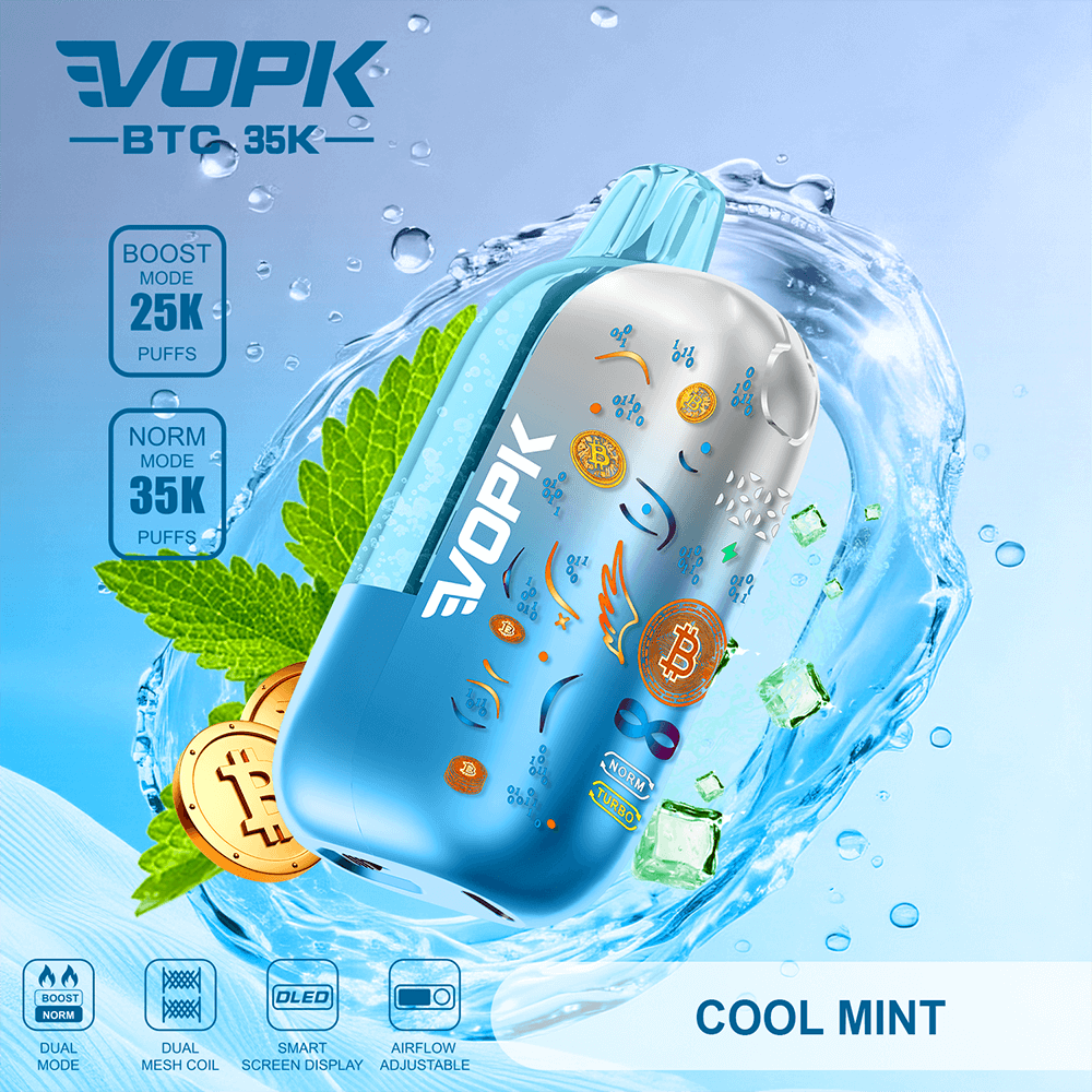 Blå EVOPK BTC 35K vape pod med myntablad och vattenstänk; Boost 25K och Norm 35K puffar, Cool Mint smak.