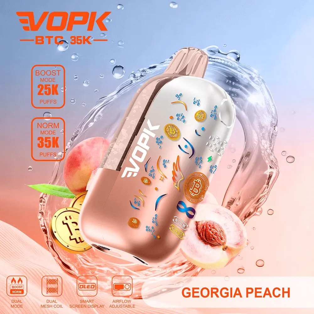 Rose-guld EVOPK vape pod med Georgia Peach-smak, prydd med Bitcoin-ikoner, omgiven av persikor och ett vattenstänk.