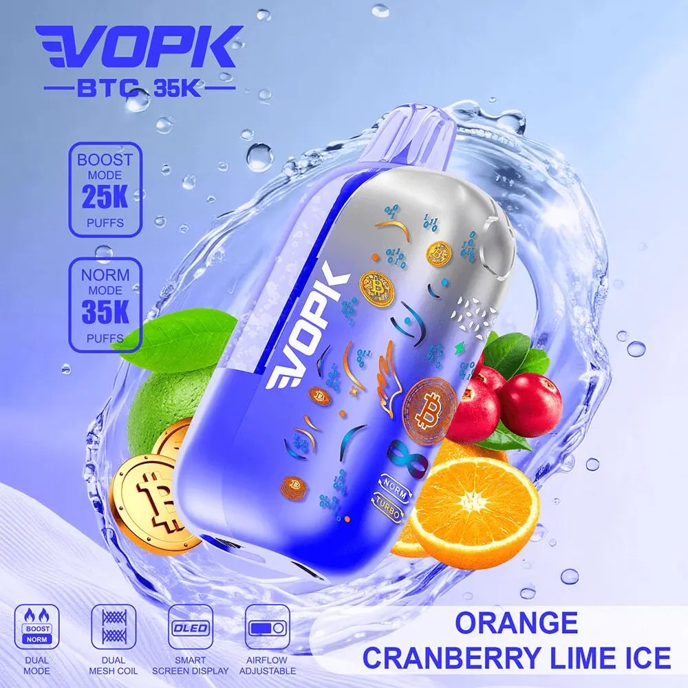 VOPK vape-enhet i en blå-silver gradient med fruktgrafik; Orange Tranbär Lime Ice smak.