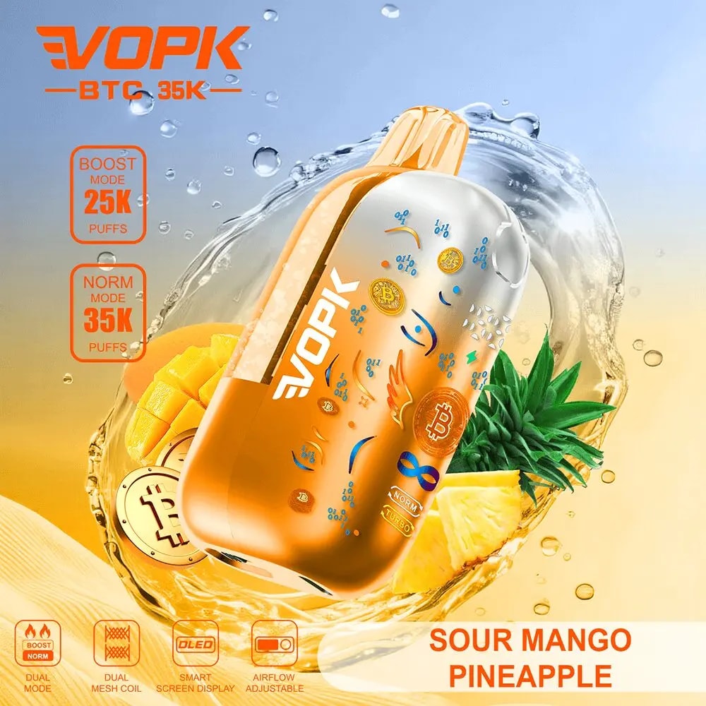Orange EVOPK vape-enhet märkt Sour Mango Pineapple, omgiven av mango- och ananasbitar och en stänkande flytande design