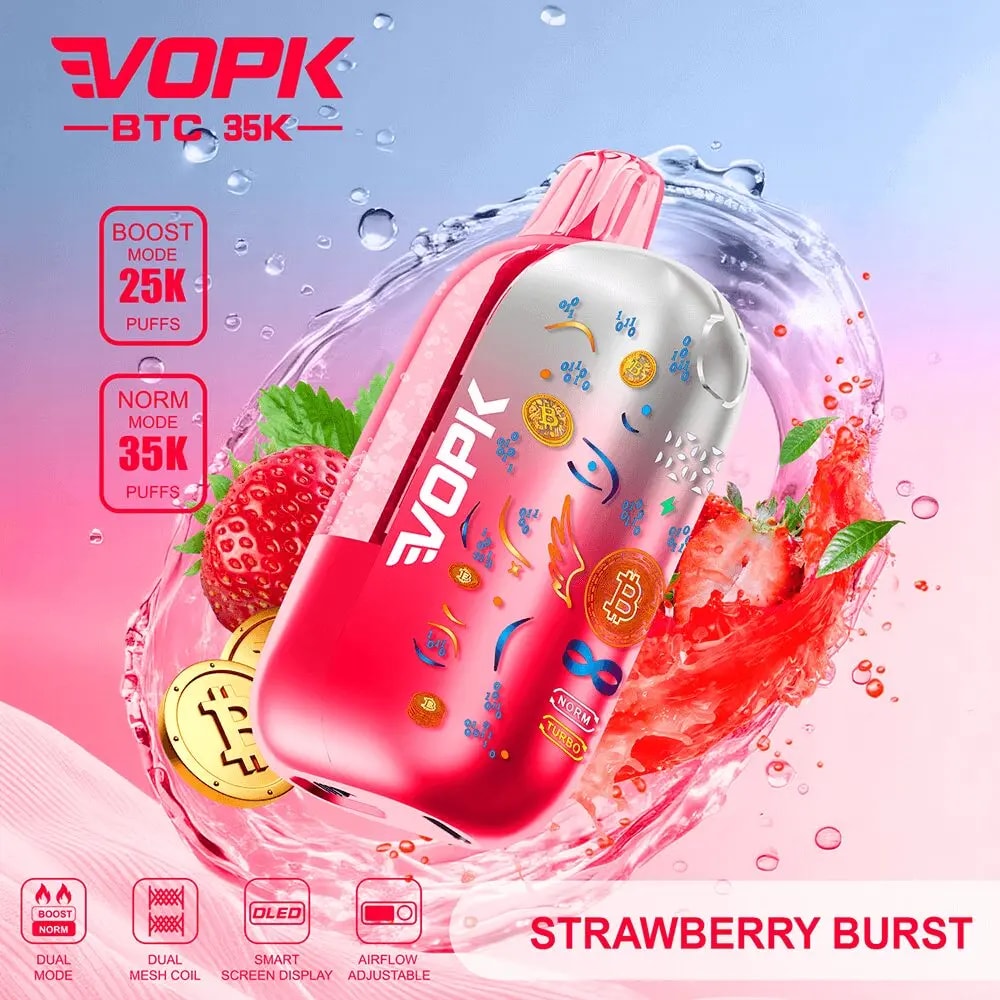 EVOPK Strawberry Burst engångsvape, rosa flaska med jordgubbsgrafik och mynt; Boost 25K-puffar, Norm 35K-puffar.