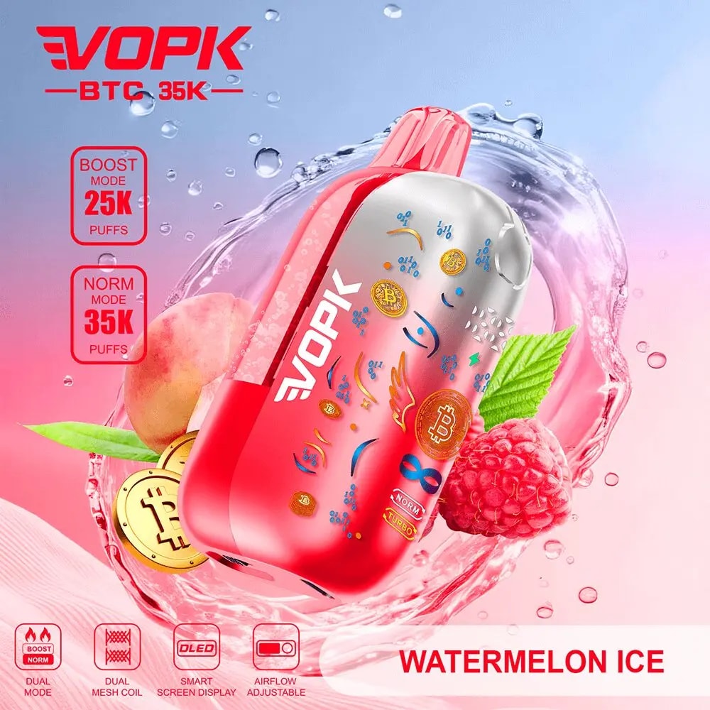 Rosa-röd VOPK vape pod med vattenmelon issmak, omgiven av bär, myntablad och en stänkig bakgrund.
