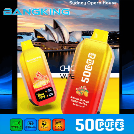 Due vaporizzatori usa e getta di colore giallo-arancio davanti alla Sydney Opera House, gusto Peach Mango Anguria, 50 boccate.