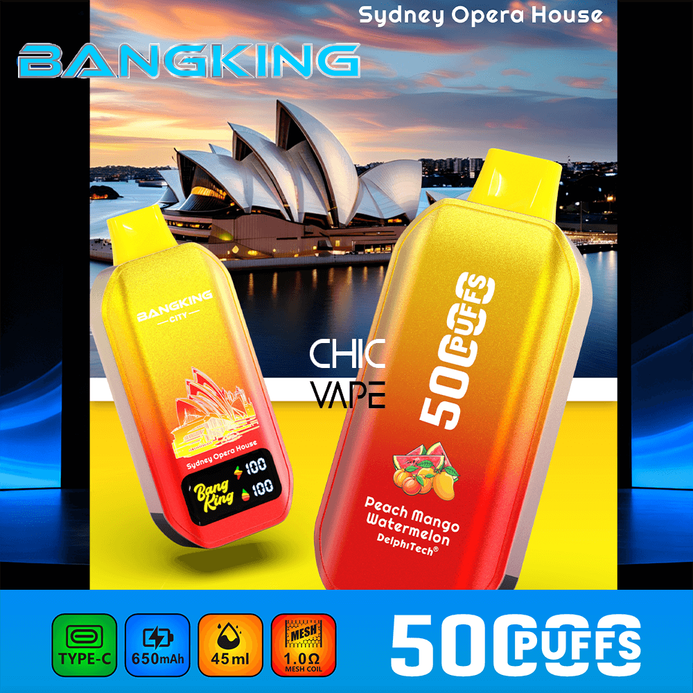 Two yellow-orange disposable vape devices in front of the Sydney Opera House, Peach Mango Watermelon flavor, 50 puffs.