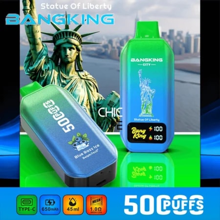 Pubblicità di svapo eccezionale: due pod mod colorati (verde e blu) davanti a uno sfondo della Statua della Libertà con 50 PUFF.