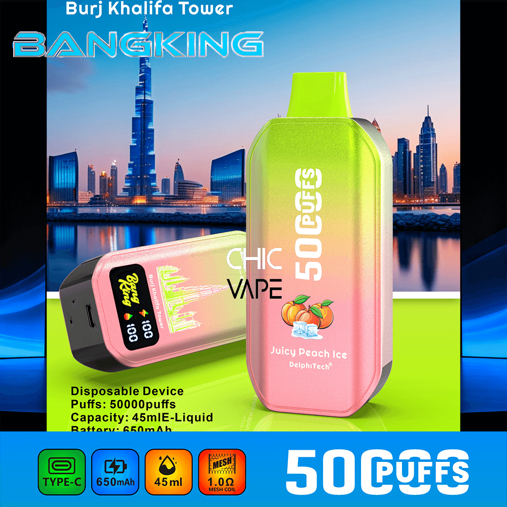 Two gradient pink-green disposable vape devices with Juicy Peach Ice labeling, set against a Dubai skyline at sunset; 50,000 puffs.