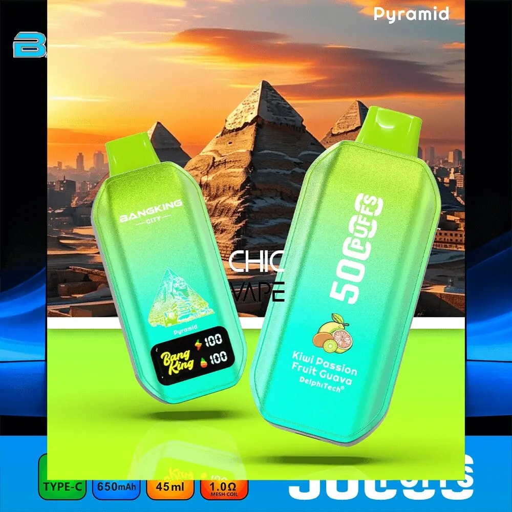 Two neon green vape devices with lime caps float in front of pyramids at sunset.