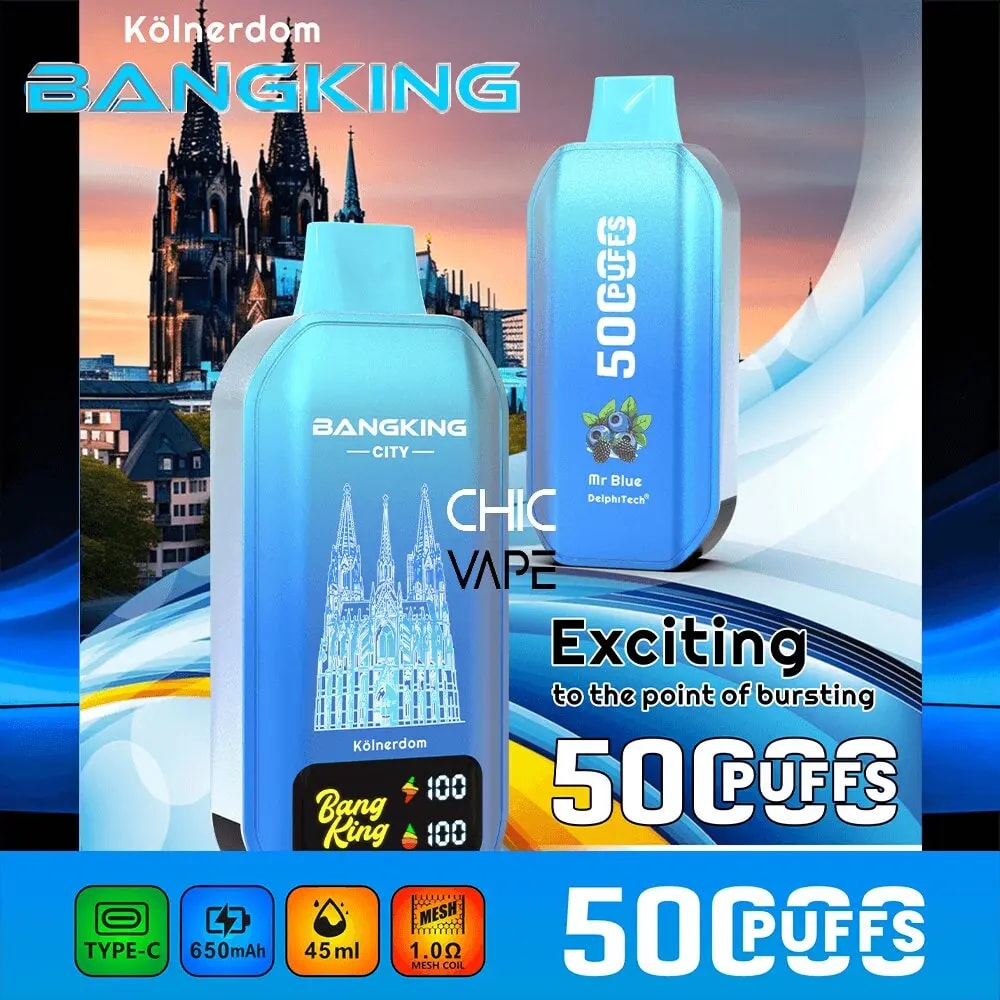 Blue BangKing Chic Vape bottles with Cologne Cathedral illustration on a city backdrop, advertising 50 puffs.