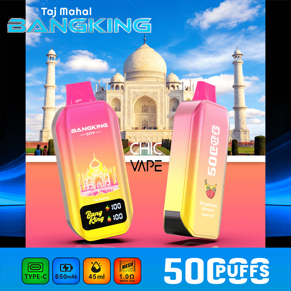 Two gradient pink-to-yellow vape pens in front of the Taj Mahal, with Bangking branding and CHIC VAPE text.