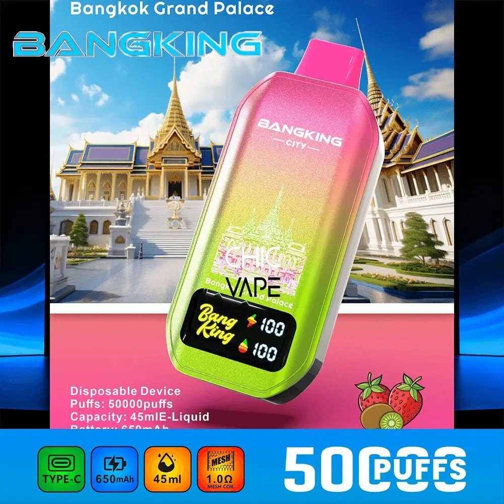 Gradient pink-to-green Bangking City disposable vape in foreground with Bangkok Grand Palace background and 50,000 puffs.