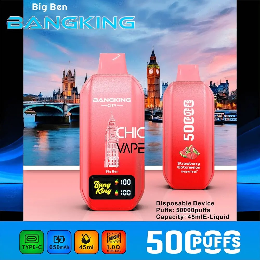 Two pink disposable vape devices with London skyline backdrop, labeled BANGKING CITY CHIC VAPE; 50 puffs and 45 ml capacity.