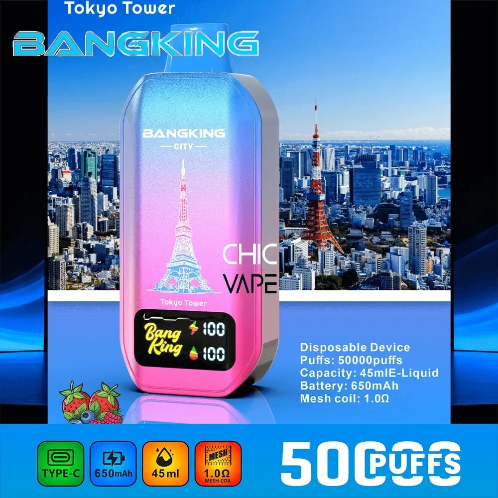 Gradient pink-to-blue disposable vape with Tokyo Tower illustration and BangKing branding, set against a city skyline.