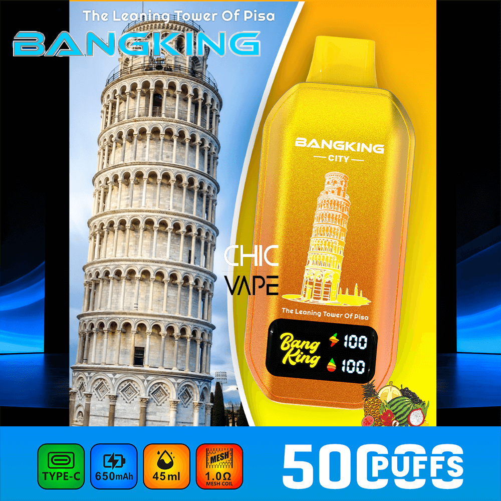 BangKing Chic Vape packaging featuring the Leaning Tower of Pisa on a yellow bottle, with 50 puffs.