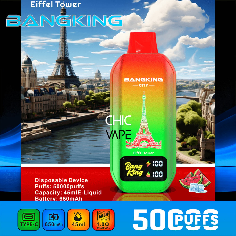Rainbow gradient BangKing City disposable vape with Eiffel Tower graphic against Paris skyline; 50,000 puffs, 45 ml e-liquid, 650 mAh battery.