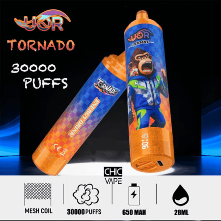 Two orange-blue Tornado disposable vape pens with gorilla artwork, labeled 30000 puffs; mesh coil, 650 mAh, 28 ml.