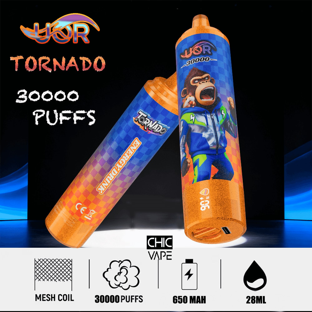 Two orange-blue Tornado disposable vape pens with gorilla artwork, labeled 30000 puffs; mesh coil, 650 mAh, 28 ml.