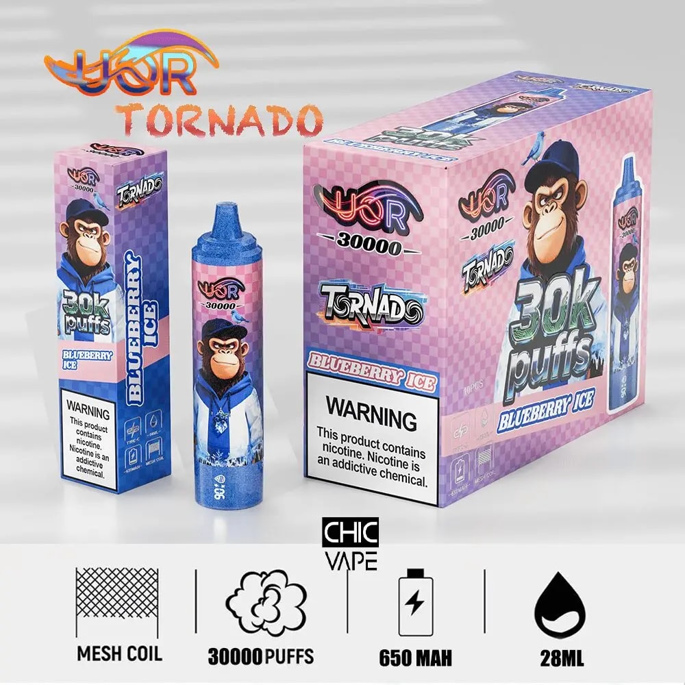 Pink and purple Tornado 30k puffs blueberry ice vape packaging with a cartoon monkey mascot and a matching blue vape device.