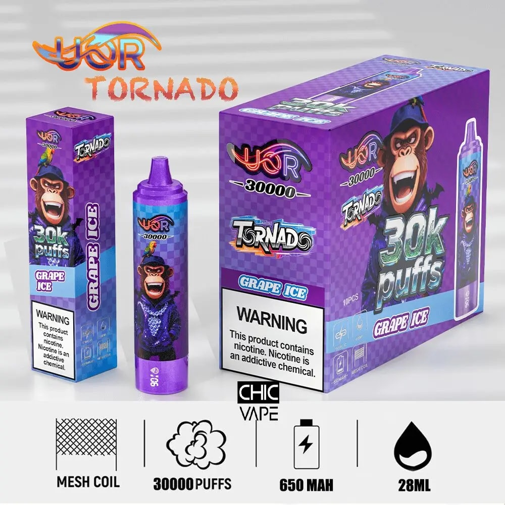 Purple UKR Tornado vape kit with 30k puffs Grape Ice, a monkey mascot on the box and a matching bottle and packaging.