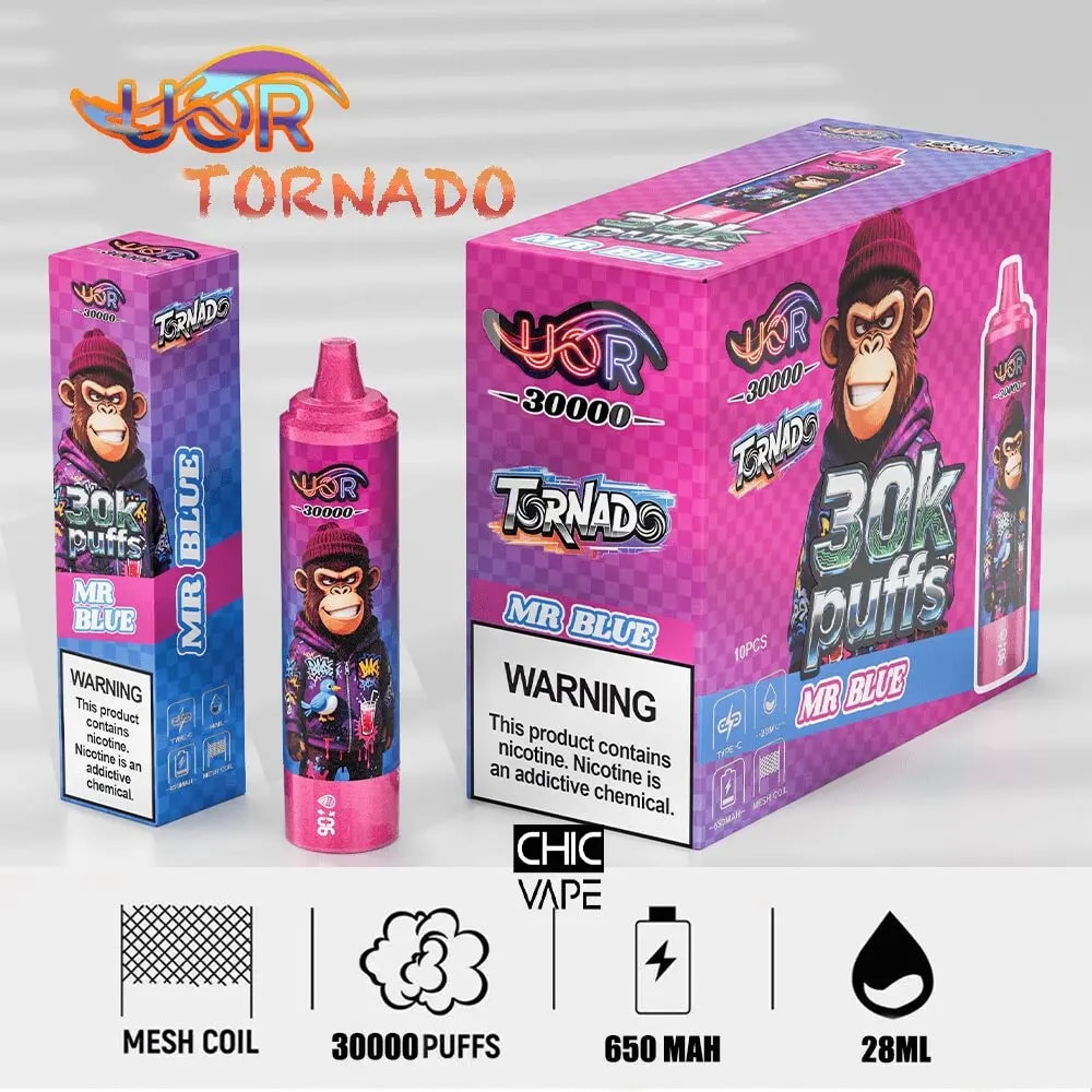 Pink and purple Tornado Mr Blue disposable vape packaging with a cartoon monkey, featuring 30,000 puffs, 650 mAh battery, and 28 ml e-liquid.