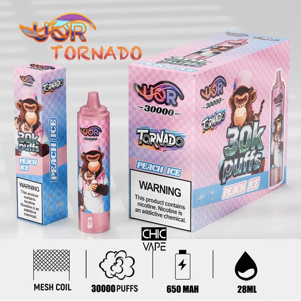 Pink Tornado 30k puffs Peach Ice vape box with a cartoon monkey and a pink disposable device; 650 mAh, 28 ml.