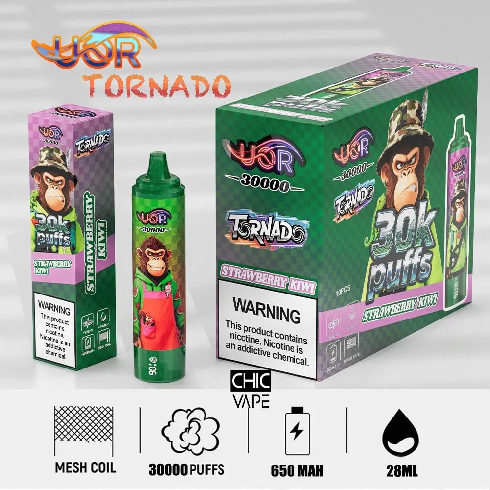 Green vape device with a cartoon monkey mascot beside packaging labeled 30K puffs Strawberry Kiwi, 28ml and 650mAh.