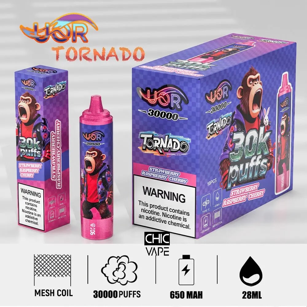 Purple Tornado 30k puffs vape box with monkey illustration, flavor Strawberry Raspberry Cherry; 28 ml and 650 mAh battery.