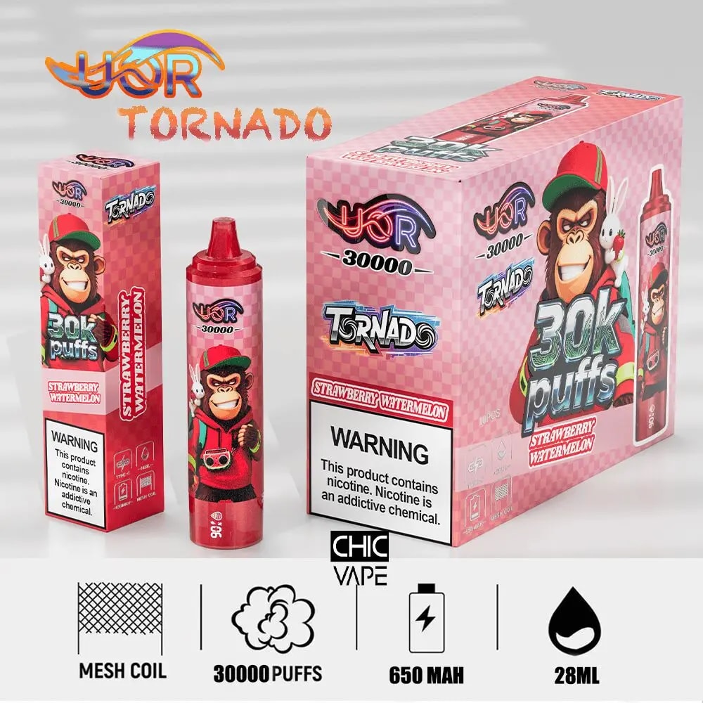 Pink checkered Tornado 30K puffs disposable vape packaging with a cartoon monkey; strawberry watermelon flavor, 28 ml capacity.