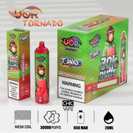 Green Tornado 30k puffs Watermelon Ice vape packaging featuring a cartoon monkey mascot, with a matching bottle and small box.