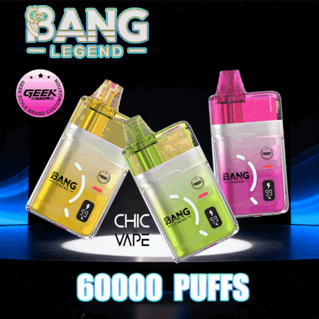Tre neon Bang Legend Chic Vape-enheter i gult, grönt och rosa på en mörk scen, med fet 6000 PUFFS-text.