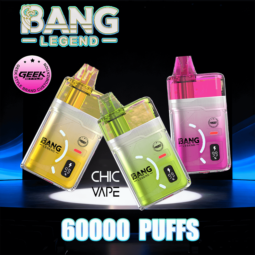 Three neon Bang Legend Chic Vape devices in yellow, green, and pink on a dark stage, with bold 6000 PUFFS text.