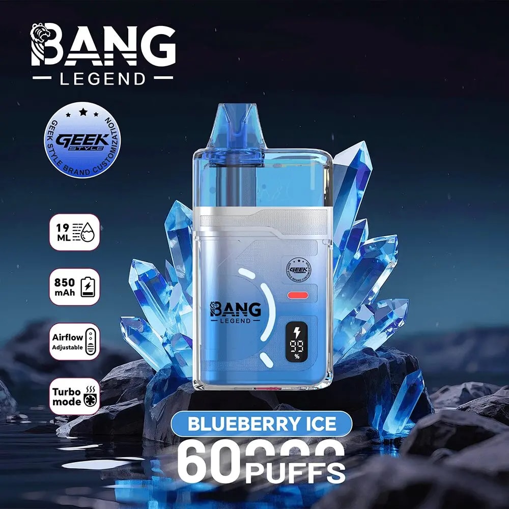 Blueberry Ice Bang Legend disposable pod vape in blue, surrounded by ice crystals, shows 60 puffs and 850 mAh.
